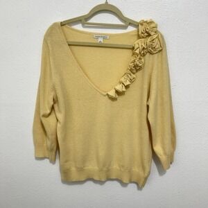 Banana Republic Lambs Wool Angora Floral Rosettes Sweater Yellow Sz L Cozy Soft